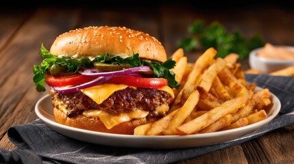Delicious cheeseburger with fresh toppings and crispy fries on a rustic wooden table