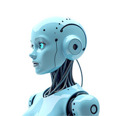 A light blue female android with glowing eyes and visible wires against a black background isolated on transprent background