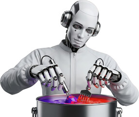 Futuristic Robot Artist Mixing Vibrant Paint Colors in a Bucket