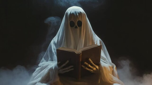 Spooky ghost with skeleton hands reading book in eerie fog, dark Halloween atmosphere creating mysterious and spooky mood