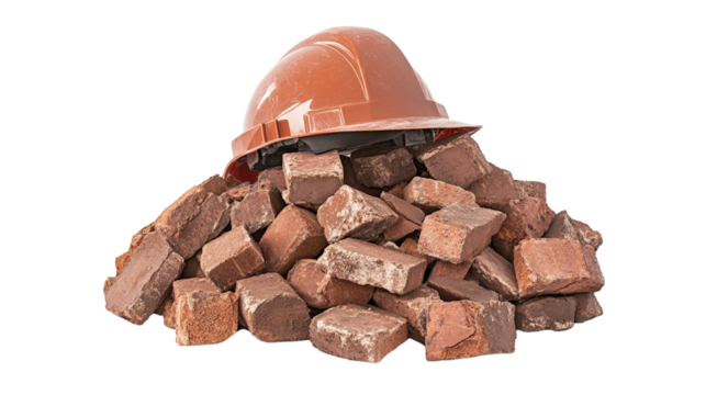 A hard hat resting on top of a pile of bricks,Transparent background, PNG file