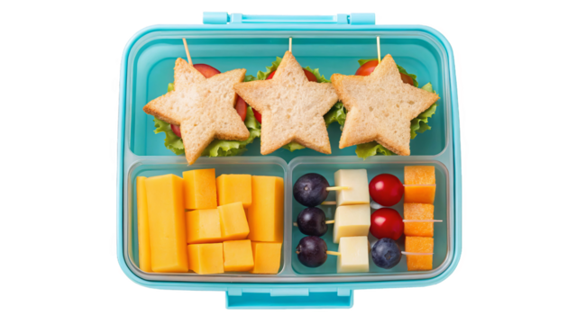 set of Kid’s lunchbox with star-shaped sandwiches, fruit skewers, cheese cubes, and veggie sticks isolated on transparent background.