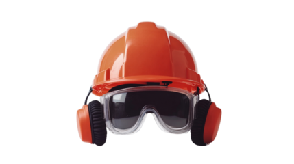 A hard hat, safety goggles, and ear protection equipment,Transparent background, PNG file