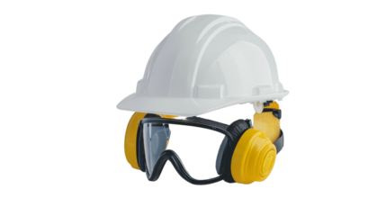 A hard hat, safety goggles, and ear protection equipment,Transparent background, PNG file