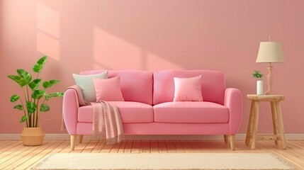 Cozy living room interior with a pink sofa, cushions, plant and wooden elements, home decor