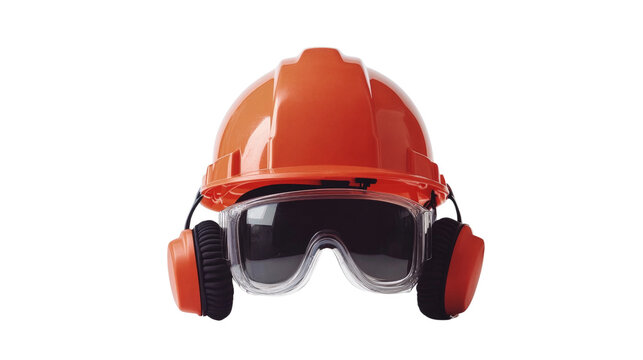 A hard hat, safety goggles, and ear protection equipment,Transparent background, PNG file - Powered by Adobe