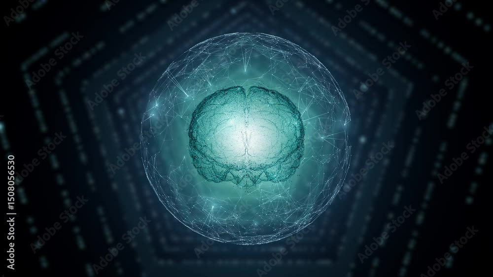 Sticker 3d digital human brain and sphere inside futuristic dark tunnel loop motion.