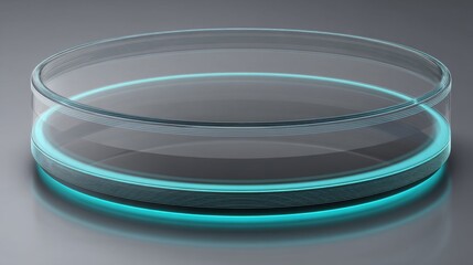 A sleek glass Petri dish with a glowing blue rim, ideal for laboratory use.