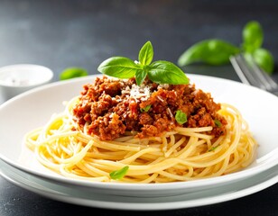Gourmet plate of spaghetti with rich slow-cooked ragu and garnish for dining pleasure