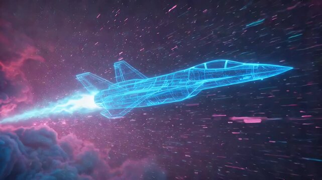 Futuristic jet streaks through a nebula