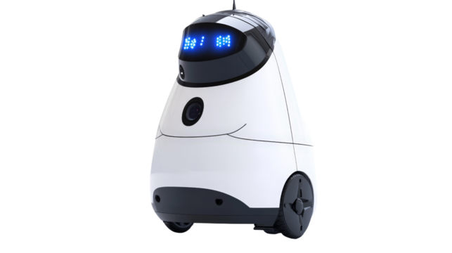 A high-tech security robot patrolling an area, using AI to detect threats,Transparent background, PNG file