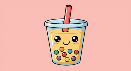 Adorable Kawaii Boba Tea Cup with Straw Colorful Pearls Happy Face Illustration
