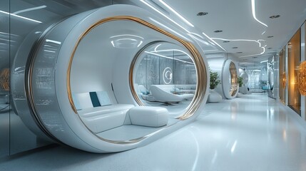 A futuristic break room designed for employee relaxation and engagement 
