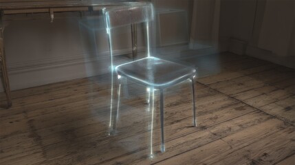 A transparent chair glows softly, reflecting light in a cozy room.