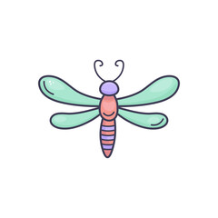 Cute vector dragonfly in doodle style on white background. Perfect for kids’ prints, stickers, cards, or spring decor. Isolated stock illustration
