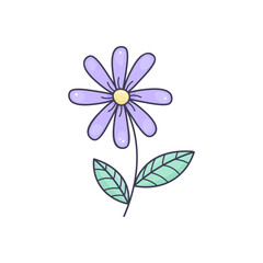 Cute vector purple flower with a yellow center and two bright teal leaves. Hand-drawn doodle illustration, great for kids designs, spring themes, greeting cards, or floral patterns.