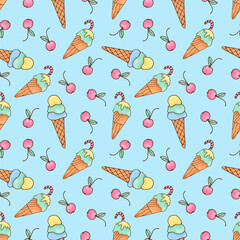 Cute seamless pattern with colorful ice cream cones and cherries. Hand-drawn doodle style, perfect for kids, summer products, wrapping paper, textile, and party decoration. On a blue background