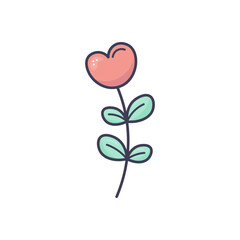 Cute vector hand-drawn flower with a heart-shaped bud and teal leaves. Simple doodle-style illustration with bold outlines, perfect for Valentine’s Day, romantic designs, kids’ crafts
