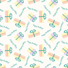 Vector cute and colorful seamless pattern with hand-drawn pastel gift boxes and handwritten "Happy Birthday" lettering. Perfect for wrapping paper, greeting cards, party invitations, backgrounds
