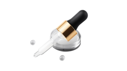 A luxurious face serum in a glass dropper bottle, with drops of serum on the outside,Transparent background, PNG file