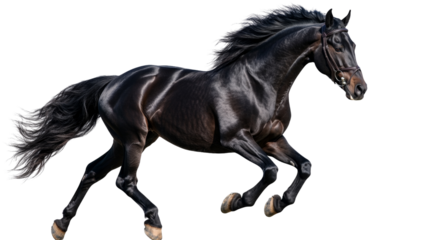 A magnificent black stallion galloping at full speed,Transparent background, PNG file