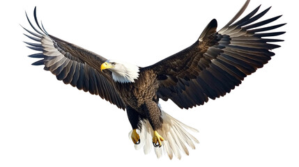 Naklejka premium A majestic bald eagle with wings fully extended in flight,Transparent background, PNG file