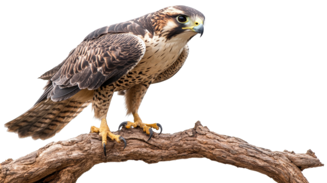A majestic falcon perched on a branch, ready to take flight,Transparent background, PNG file