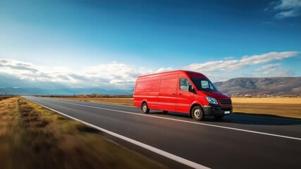 Red Delivery Van on Highway: A vibrant red delivery van speeds down an open highway under a clear blue sky, symbolizing efficiency and reliable transport.