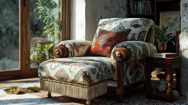 An inviting armchair with a plush, patterned fabric and a wooden frame, providing a cozy and stylish seating option in a room