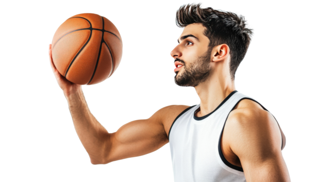A man holding a basketball, preparing to take a shot,Transparent background, PNG file