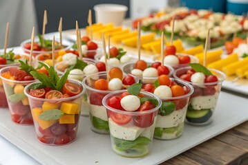 Buffet catering with assorted appetizers in plastic cups. Includes fresh salads, tomato, cheese bites, seafood, and finger foods, perfect for party, event, or celebration display.