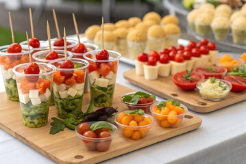 Buffet catering with assorted appetizers in plastic cups. Includes fresh salads, tomato, cheese bites, seafood, and finger foods, perfect for party, event, or celebration display.