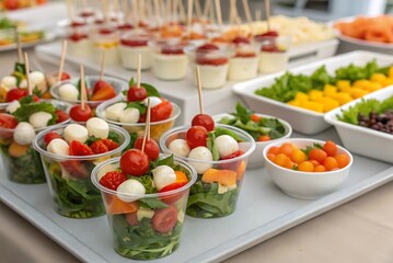 Buffet catering with assorted appetizers in plastic cups. Includes fresh salads, tomato, cheese bites, seafood, and finger foods, perfect for party, event, or celebration display.