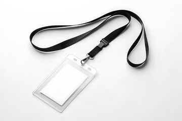 Vertical blank ID badge mockup with plastic holder and black lanyard. Isolated on white background. Ideal for business, corporate, school, or event identification design.