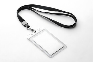 Vertical blank ID badge mockup with plastic holder and black lanyard. Isolated on white background. Ideal for business, corporate, school, or event identification design.