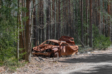 An abandoned, wrecked, extremely rusty burnt car on the side of a forest road.