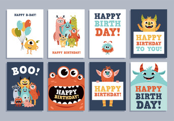 Monsters birthday party cards. Funny fabulous creatures, childish creepy mascots, holiday banners, cute little demons, nursery t-shirt print or poster tidy vector cartoon flat concept