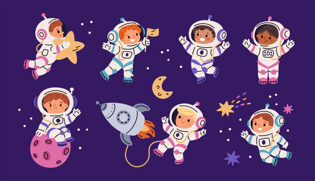 Little kids astronauts. Funny children in space suits, boys and girls various poses, zero gravity, cute cosmonauts, rocket, planet, star, cartoon flat style isolated garish vector set