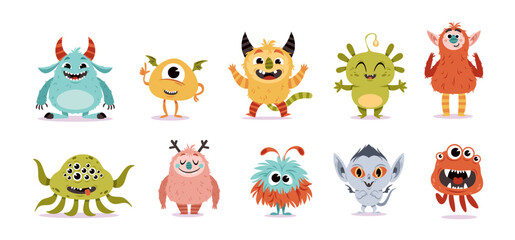 Cute monsters. Cartoon creepy characters, funny little demons, kids mascots, fabulous fluffy mutant creatures with teeth and fangs, childish nursery isolated elements, tidy vector set