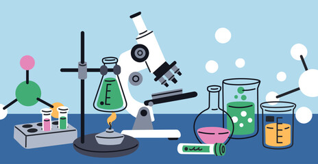 Chemical laboratory table. Scientific experiment and test equipment, microscope, glass tubes, flasks, biological lab, biochemistry and microbiological isolated garish vector concept