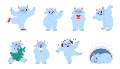 Cartoon yeti character. Funny fluffy mascot, winter white man, cute sasquatch, fantasy monster, different poses, actions, mythical animal eating ice cream, sleeping in cave classy vector set