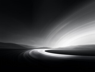 Abstract landscape featuring a winding pathway under a dramatic sky at dusk