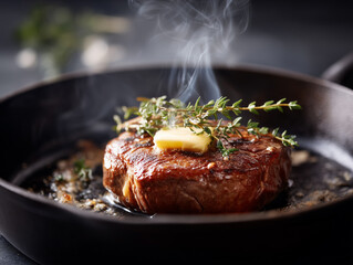 Perfectly seared steak garnished with butter and thyme in a skillet on a dark background