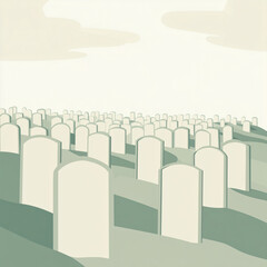 Obraz premium Abstract cemetery landscape with gravestones and cloudy sky 