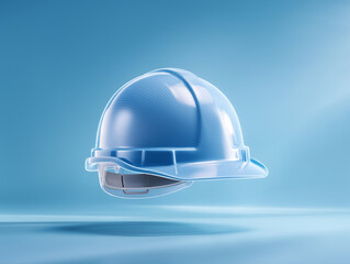 Fototapeta premium Floating blue hard hat against a blue background highlighting safety in construction environments