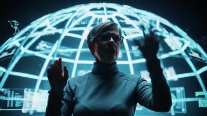 Woman interacts with futuristic holographic globe interface in dark control room. - Powered by Adobe