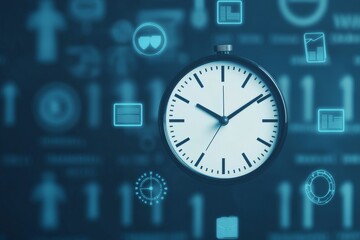 Digital clock surrounded by icons and blue background elements.