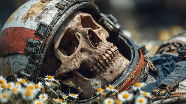 A haunting yet poetic close-up photograph of a skeleton in a weathered astronaut suit lying in a grassy field, surrounded by wildflowers. Generative AI