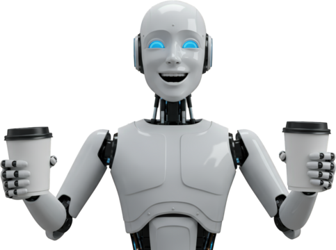 Friendly Robot Offering Two Cups of Coffee AI Service Futuristic Technology