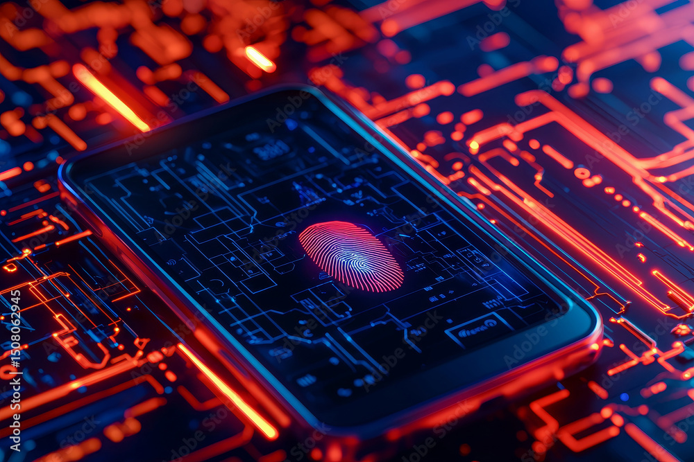 Poster futuristic phone display with fingerprint and circuit patterns.